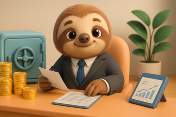 Adorable 3D cartoon sloth character in a business suit sitting at a desk with stacks of coins, documents, and charts, concept of banking and finance