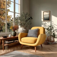 Fototapeta premium Modern Minimalist Living Room with Yellow Armchair and Natural Light
