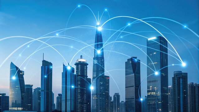 Modern city skyline with illuminated skyscrapers and glowing holographic global connection lines, symbolizing technology and communication