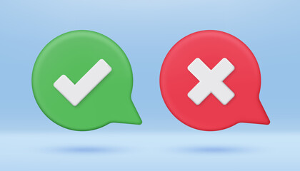 Fototapeta premium 3D green and red speech bubble with check mark and X icon. Approved check mark and social media message. Decision, rejection, yes, and no. Minimalist cartoon icon. 3D vector render illustration.