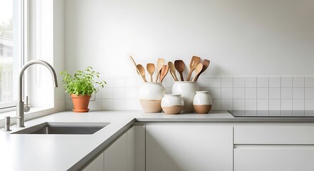 Modern kitchen countertop with sink faucet and utensils displayed brightly lit.