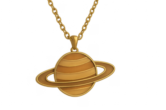 Golden saturn planet pendant necklace on transparent background