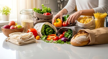 Fresh healthy foods and groceries arranged on a kitchen countertop for healthy eating.