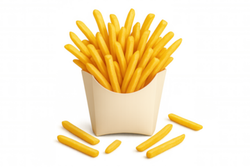 French fries standing in white paper box with some fallen, fried golden brown potato snack, transparent background