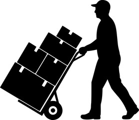 A silhouette of a person pushing a hand truck loaded with boxes