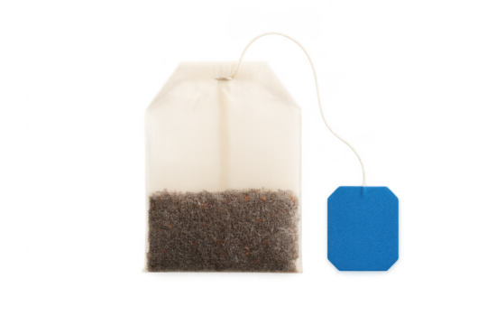 Tea bag with blue label on transparent background - Powered by Adobe