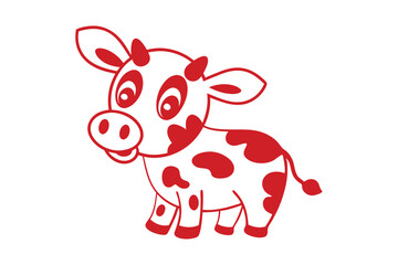 Joyful cartoon calf shows its red spots with a cheerful smile on white