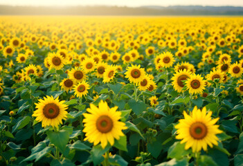 Obraz premium Vast Sunflower Field Under Golden Sunlight.