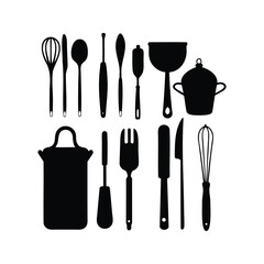 A simple line drawing illustration of cooking utensils in a white background, baking utensils silhouette vector illustration