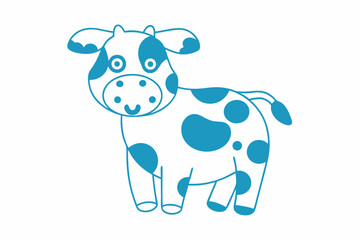 Outlined cartoon cow with blue spots stands playfully looking forward on a white background
