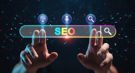 Close-up hands reaching toward neon-lit holographic SEO search bar with AI and voice icons