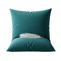 A solid teal velvet throw pillow, elegantly folded, with a delicate white feather resting atop, isolated on a seamless transparent studio background with high-key lighting, luxury product concept
