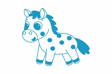 Playful blue horse with polka dots happily smiles, standing on a white background gracefully