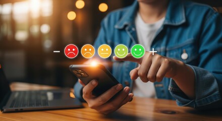 Digital feedback collection concept: five emoji icons from sad to very happy with plus minus symbols