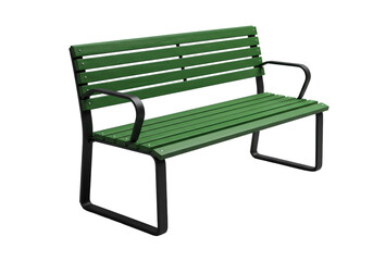 High-end contemporary outdoor bench, verdant green hardwood slats, matte black metal frame, minimalist armrests, isolated on transparent background, 45-degree angle, bright studio lighting, modern
