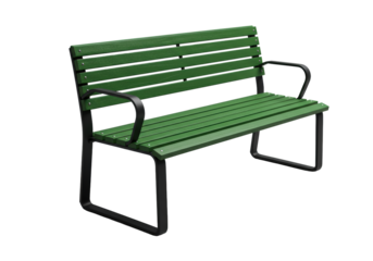High-end contemporary outdoor bench, verdant green hardwood slats, matte black metal frame, minimalist armrests, isolated on transparent background, 45-degree angle, bright studio lighting, modern