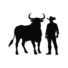 Silhouette of a cowboy with a bull on a white background, bull with cowboy silhouette vector illustration