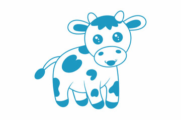 Playful cartoon calf with big blue spots stands happily on a plain white background