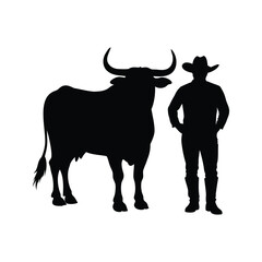 Silhouette of a Cowboy Standing Next to a Large Horned Bull, bull with cowboy silhouette vector illustration