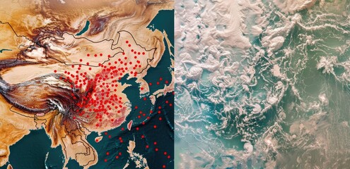 Visualizing air pollution over Asia alongside oceans. Illustration/education