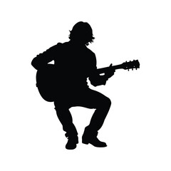 A Silhouette of a Musician Playing an Acoustic Guitar While Sitting Down, guitarist playing acoustic guitar silhouette vector illustration