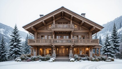 Luxury Wooden Chalet in Snowy Mountain Landscape