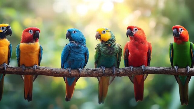Group of Colorful Macaw Parrots Perched on a Tree Branch.