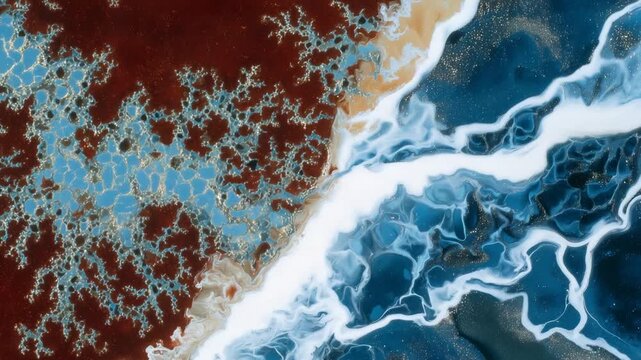 Explore the dynamic contrast of deep scarlet and icy blue textures in this abstract artwork, highlighting duality and conflicting energies.