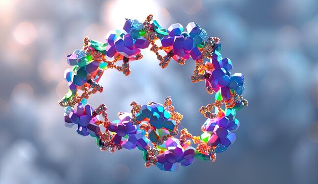 Molecular ring rotates amidst cloudscape. Scientific visualization for science concepts - Powered by Adobe