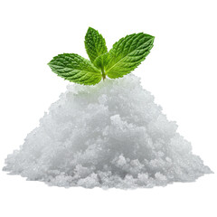 Close-up macro of finely crushed ice mound with intricate textures and vibrant emerald green mint leaf at apex, isolated on transparent, bright studio light, elegant beverage advertising concept