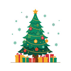 Fototapeta premium Festive Christmas Tree with Gifts and Snowflakes Illustration