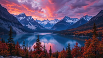 Vibrant Autumn Sunset over Majestic Mountain Lake