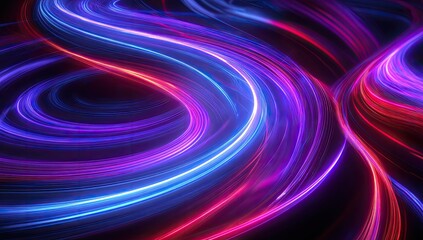 Swirling trails of vibrant blue, purple, and red light creating dynamic curves on dark background