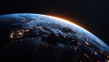 Obraz premium Stunning satellite view of Earth showing city lights and a bright sunrise on the horizon