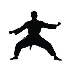 Silhouette of a martial artist in a ready stance demonstrating martial arts, martial artist in fighting stance silhouette vector illustration
