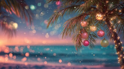 Fototapeta premium Palm Tree Decorated with Glittering Christmas Ornaments and Lights at Tropical Beach Sunset
