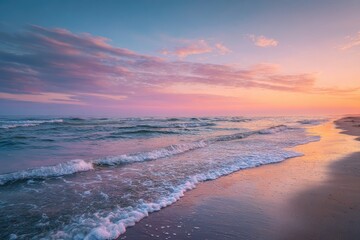 Fototapeta premium Pink & orange sunset paints sky & sea, waves gently lap a sandy beach
