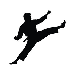 Silhouette of a martial artist performing a flying kick with black belt, martial artist performing jump kick silhouette vector illustration