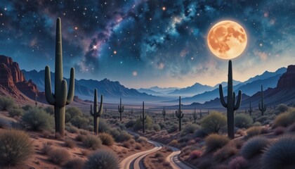 Mystical Desert Night: Moon, Stars, and Saguaro Cacti