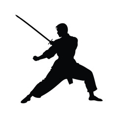 Silhouette of a martial artist wielding a katana sword in training stance, martial artist using sword silhouette vector illustration