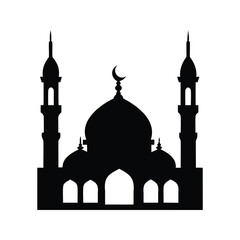 Silhouette of a traditional Islamic mosque with crescent moon and minarets, minimal mosque with dome and minaret silhouette vector illustration