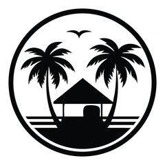Stylized black and white emblem depicting a serene tropical beach with palm trees, a relaxing cabana, and a soaring bird, ideal for travel branding