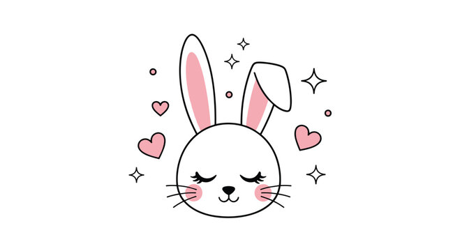 Cute cartoon bunny face with hearts and sparkles.
