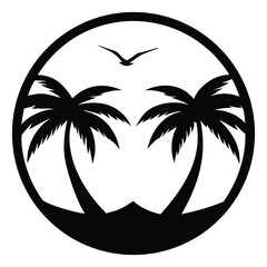 Tropical Paradise Silhouette Serene Palm Trees and Flying Bird in a Circle Design