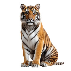 Fototapeta premium Majestic Tiger in Solitude: A striking tiger with bold stripes sits in a dignified pose. Its intense gaze and vibrant colors create a stunning portrait of the wilderness.