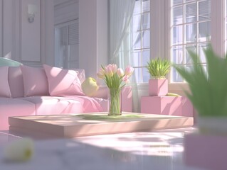 A serene living room bathed in soft pink light, featuring a bouquet of tulips and potted plants.