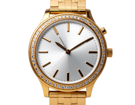 Gold Tone Women’s Diamond Watch Front View, Classic Style, Isolated on Transparent Background