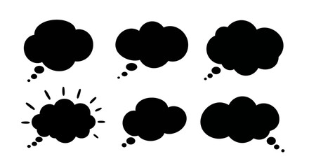 Obraz premium Set of six black thought bubbles and speech bubbles in various shapes on a white background, perfect for representing ideas, communication, and imagination