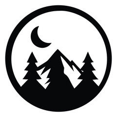 Stylized nocturnal mountain landscape emblem with towering peaks, evergreen trees, and a crescent moon