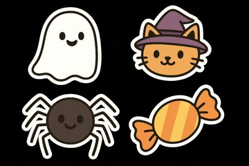 Adorable Halloween-themed cartoon icons including a ghost, witch cat, spider, and striped candy, drawn in flat style on black background